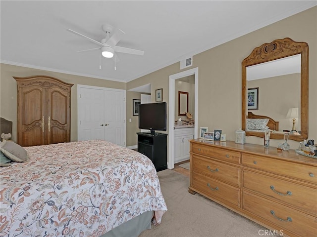 28702 Eagleton St, Agoura Hills, CA 91301 - bedroom featuring light carpet, a ceiling fan, connected bathroom, and crown molding