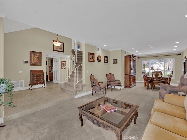 28702 Eagleton St, Agoura Hills, CA 91301 - living area featuring light colored carpet, stairs, and recessed lighting