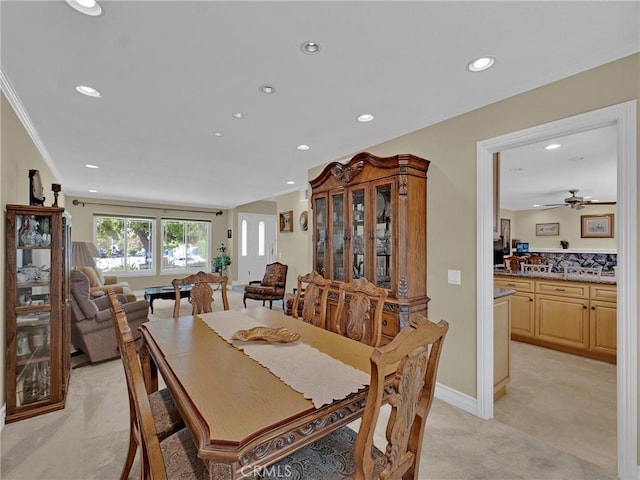 28702 Eagleton St, Agoura Hills, CA 91301 - dining area with recessed lighting, crown molding, light carpet, and ceiling fan