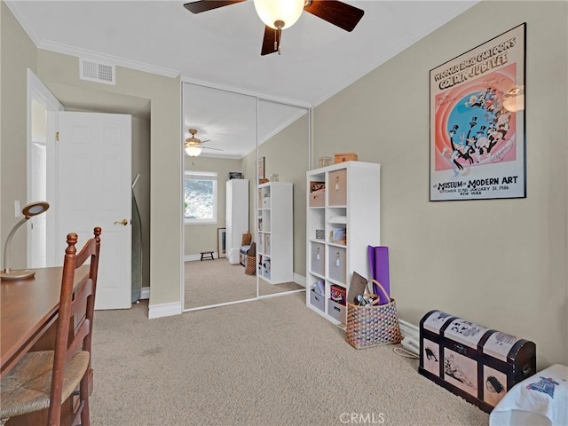 28702 Eagleton St, Agoura Hills, CA 91301 - bedroom with crown molding, carpet floors, a closet, and a ceiling fan