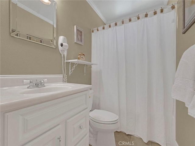 28702 Eagleton St, Agoura Hills, CA 91301 - bathroom with vanity, ornamental molding, curtained shower, and tile patterned flooring
