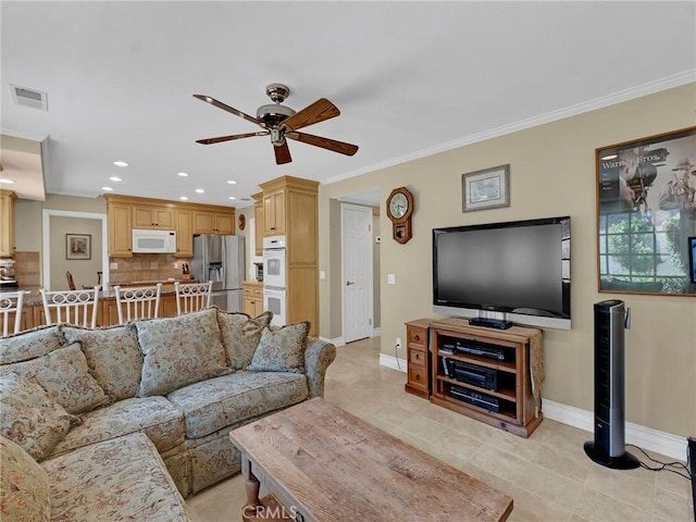 28702 Eagleton St, Agoura Hills, CA 91301 - living area featuring ceiling fan, light tile patterned floors, recessed lighting, and crown molding