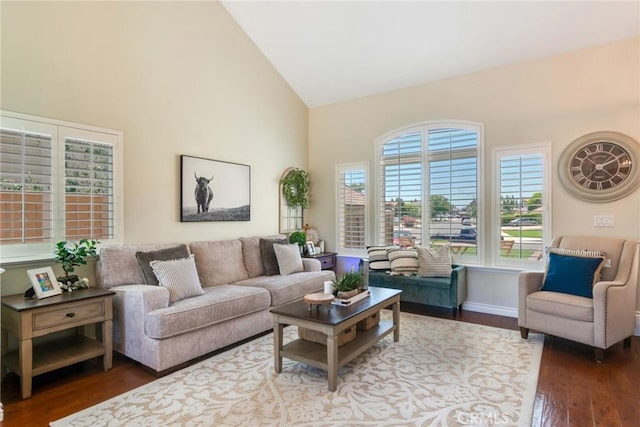 6915 Stanislaus Pl, Rancho Cucamonga, CA 91701 - living room featuring high vaulted ceiling and wood finished floors