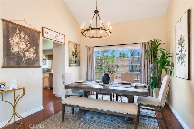 6915 Stanislaus Pl, Rancho Cucamonga, CA 91701 - dining space with a chandelier, dark wood finished floors, and vaulted ceiling