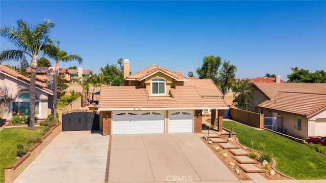 6915 Stanislaus Pl, Rancho Cucamonga, CA 91701 - traditional home with a tiled roof, driveway, brick siding, and a chimney