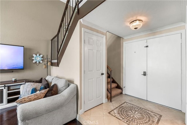 39981 Golfers Ln, Palmdale, CA 93551 - foyer entrance featuring stairs, crown molding, and light tile patterned floors