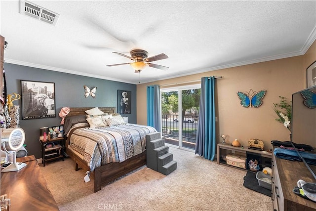 39981 Golfers Ln, Palmdale, CA 93551 - bedroom with access to exterior, carpet, crown molding, a textured ceiling, and a ceiling fan
