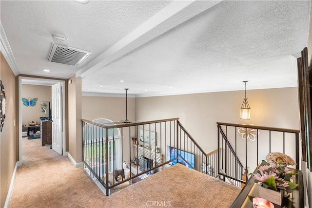 39981 Golfers Ln, Palmdale, CA 93551 - hall with an upstairs landing, light carpet, crown molding, a textured ceiling, and recessed lighting