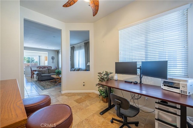 19385 Boulder St, Apple Valley, CA 92308 - tiled home office featuring baseboards and ceiling fan