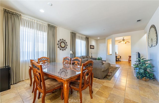 19385 Boulder St, Apple Valley, CA 92308 - dining area with recessed lighting, a ceiling fan, and stone tile flooring
