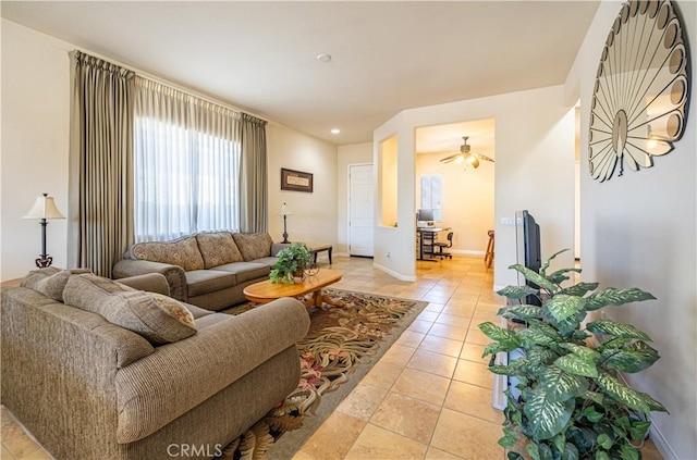 19385 Boulder St, Apple Valley, CA 92308 - living area featuring light tile patterned flooring, ceiling fan, and recessed lighting