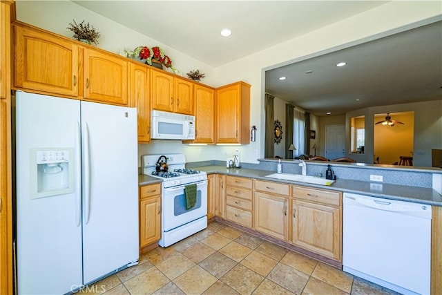 19385 Boulder St, Apple Valley, CA 92308 - kitchen featuring white appliances, recessed lighting, light stone finish flooring, a ceiling fan, and a peninsula