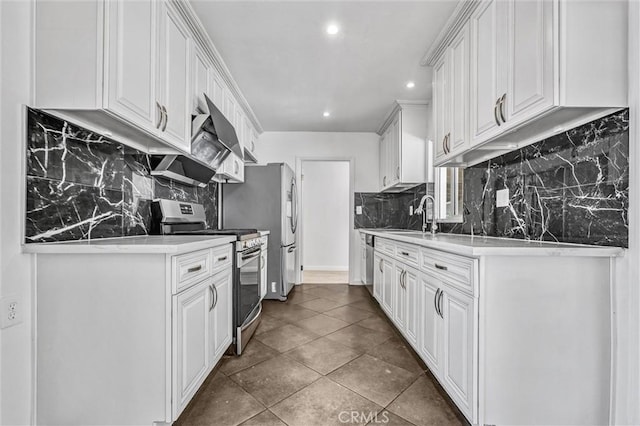 4449 Walnut St, Baldwin Park, CA 91706 - kitchen featuring electric range, decorative backsplash, recessed lighting, tile patterned floors, and wall chimney exhaust hood