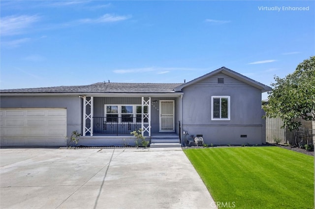 4449 Walnut St, Baldwin Park, CA 91706 - ranch-style house featuring a porch, a front lawn, a garage, concrete driveway, and crawl space
