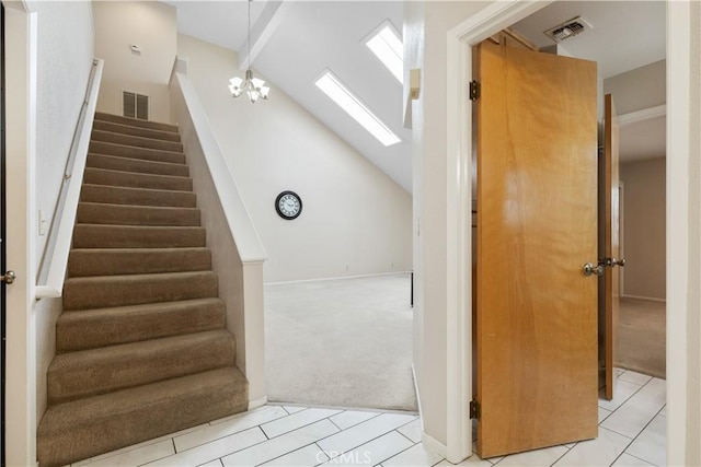 1158 Pacific Pointe Way, Arroyo Grande, CA 93420 - stairs featuring carpet, tile patterned flooring, a chandelier, and a skylight