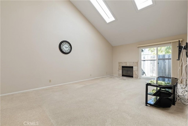 1158 Pacific Pointe Way, Arroyo Grande, CA 93420 - carpeted living area with a tile fireplace, high vaulted ceiling, and heating unit