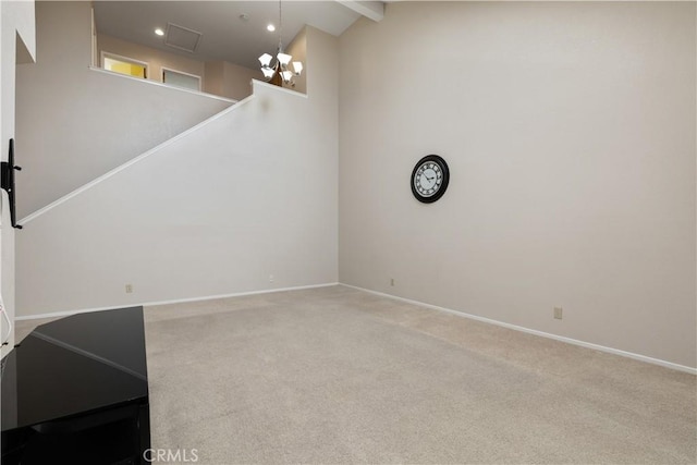1158 Pacific Pointe Way, Arroyo Grande, CA 93420 - carpeted empty room with high vaulted ceiling, beam ceiling, recessed lighting, and a chandelier