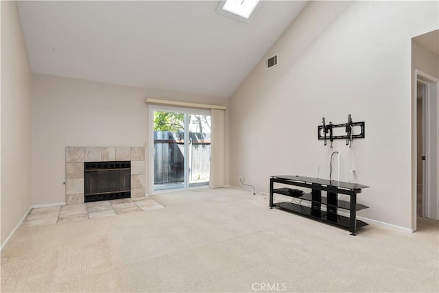 1158 Pacific Pointe Way, Arroyo Grande, CA 93420 - unfurnished living room with carpet floors, a tile fireplace, and high vaulted ceiling