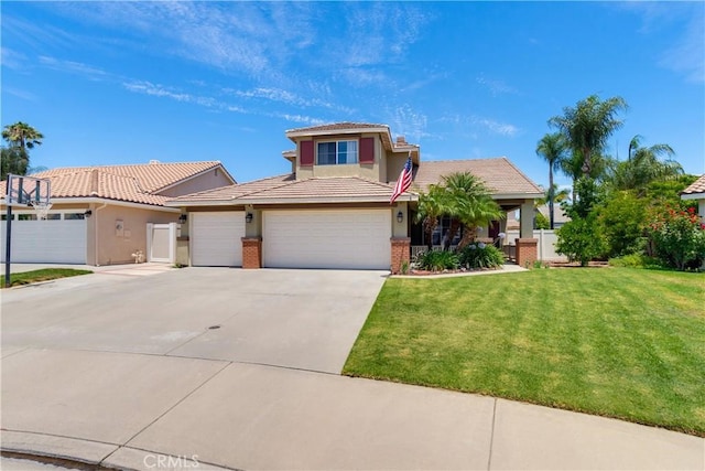 20776 Freeport Dr, Riverside, CA 92508 - view of front facade featuring a tiled roof, stucco siding, concrete driveway, brick siding, and an attached garage