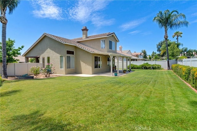 20776 Freeport Dr, Riverside, CA 92508 - back of house with stucco siding, a chimney, a fenced backyard, a patio, and a pergola