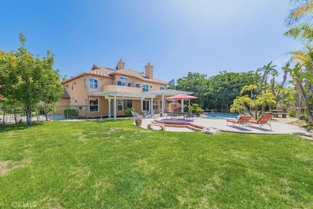 27860 Mount Shasta Way, Yorba Linda, CA 92887 - rear view of property featuring a chimney, a pergola, stucco siding, a patio area, and a tiled roof