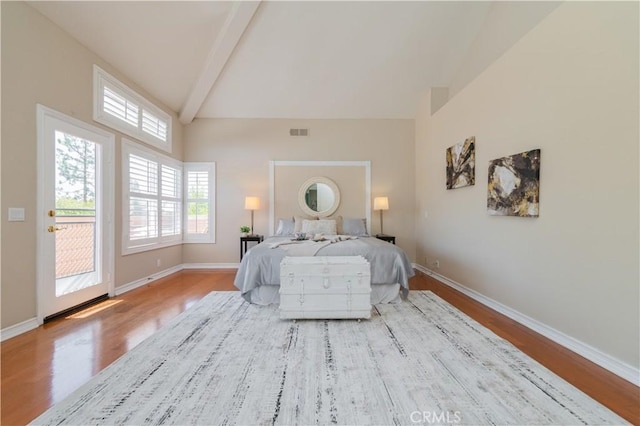 27860 Mount Shasta Way, Yorba Linda, CA 92887 - bedroom featuring wood finished floors, access to exterior, beamed ceiling, and high vaulted ceiling