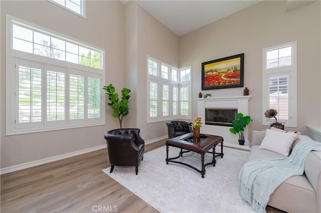 27860 Mount Shasta Way, Yorba Linda, CA 92887 - living room with wood finished floors, a glass covered fireplace, and a high ceiling