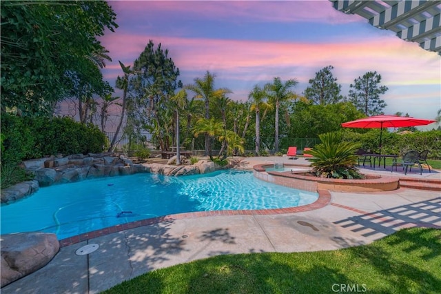 27860 Mount Shasta Way, Yorba Linda, CA 92887 - pool at dusk featuring an in-ground hot tub and a patio