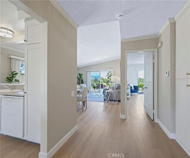 3610 Vista Glen Cir, Yorba Linda, CA 92886 - hallway featuring a textured ceiling, light wood-type flooring, and crown molding