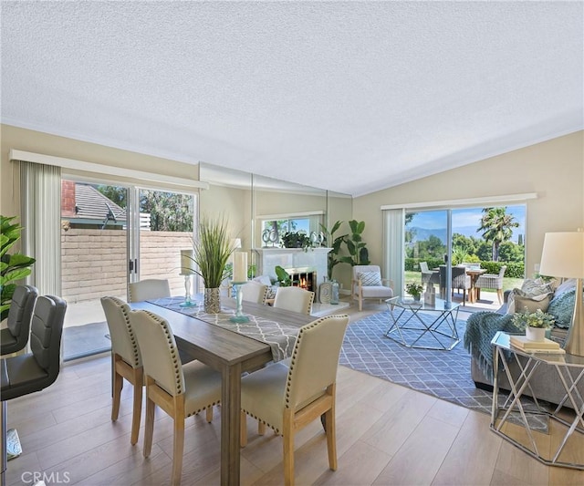 3610 Vista Glen Cir, Yorba Linda, CA 92886 - dining space with a textured ceiling, light wood-type flooring, a lit fireplace, and vaulted ceiling