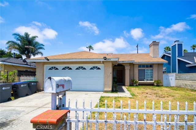 21809 Juan Ave, Hawaiian Gardens, CA 90716 - ranch-style home featuring concrete driveway, stucco siding, a garage, a chimney, and a shingled roof