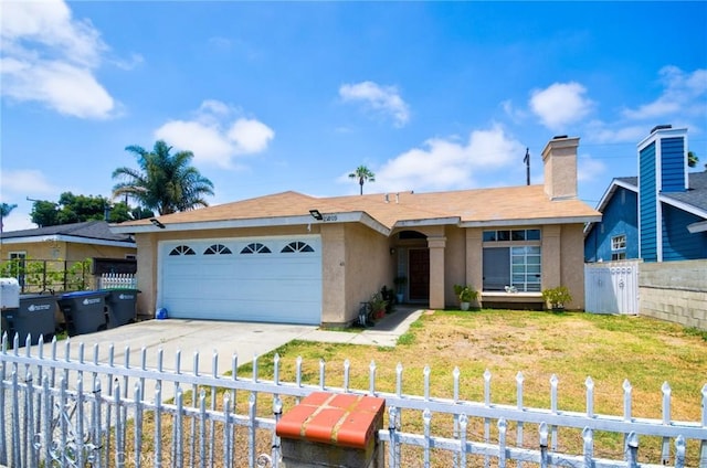 21809 Juan Ave, Hawaiian Gardens, CA 90716 - ranch-style home featuring stucco siding, a garage, driveway, and a chimney