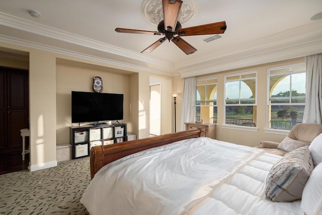 6767 Malachite Pl, Carlsbad, CA 92009 - carpeted bedroom with crown molding and ceiling fan