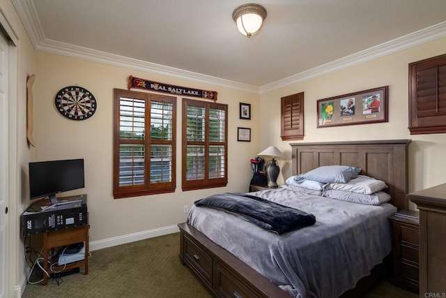 6767 Malachite Pl, Carlsbad, CA 92009 - bedroom featuring ornamental molding and dark carpet