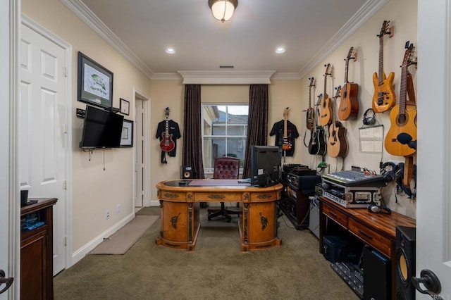 6767 Malachite Pl, Carlsbad, CA 92009 - home office featuring carpet floors, ornamental molding, and recessed lighting