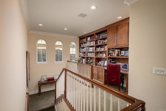 6767 Malachite Pl, Carlsbad, CA 92009 - hallway featuring ornamental molding, recessed lighting, a desk, and carpet floors
