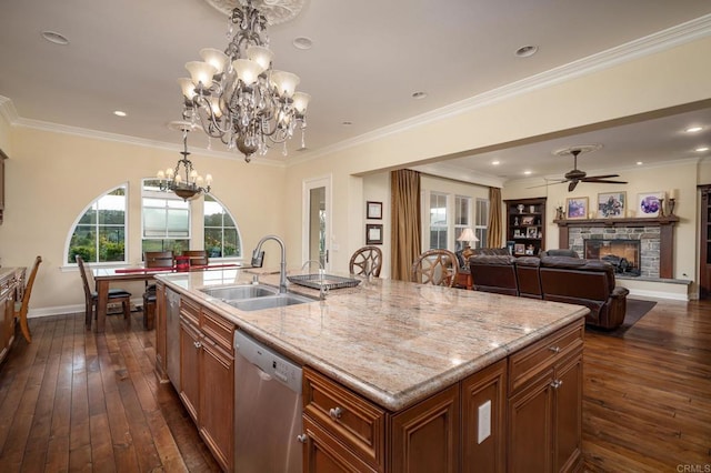 6767 Malachite Pl, Carlsbad, CA 92009 - kitchen with dishwasher, a chandelier, plenty of natural light, dark wood-style flooring, and crown molding