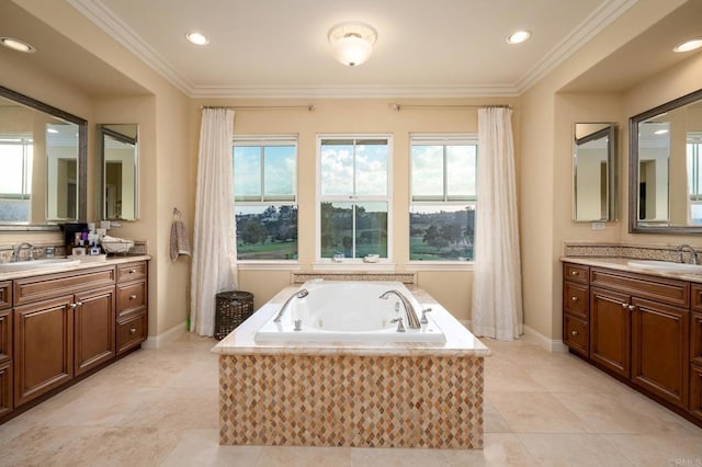 6767 Malachite Pl, Carlsbad, CA 92009 - bathroom with a whirlpool tub, plenty of natural light, two vanities, ornamental molding, and recessed lighting