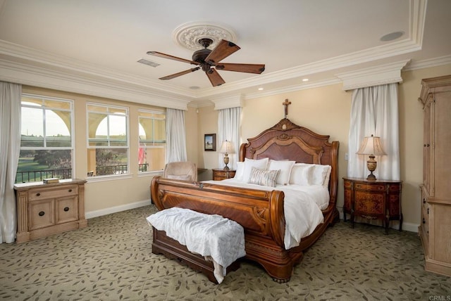 6767 Malachite Pl, Carlsbad, CA 92009 - bedroom with ornamental molding, light colored carpet, and ceiling fan