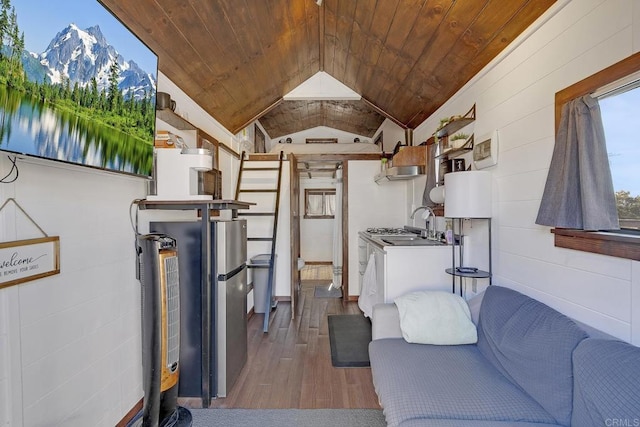 929 Chumash Trl, Vista, CA 92084 - living room with wood finished floors, wood ceiling, vaulted ceiling, and wooden walls