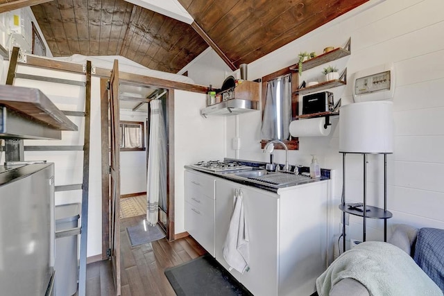 929 Chumash Trl, Vista, CA 92084 - kitchen featuring open shelves, wood ceiling, dark wood-type flooring, vaulted ceiling, and tile counters