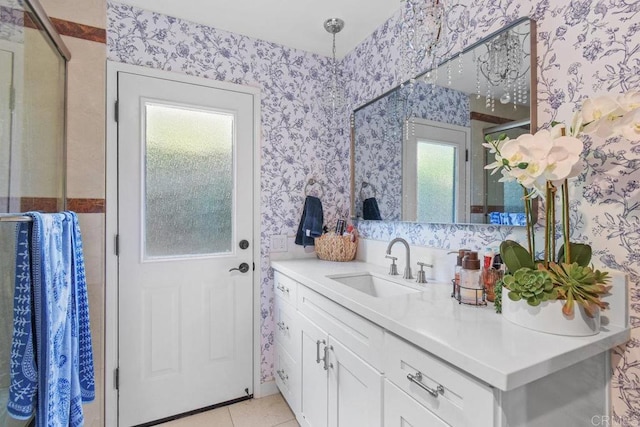 2044 Eula Ln, El Cajon, CA 92019 - bathroom featuring wallpapered walls, vanity, a stall shower, and tile patterned flooring