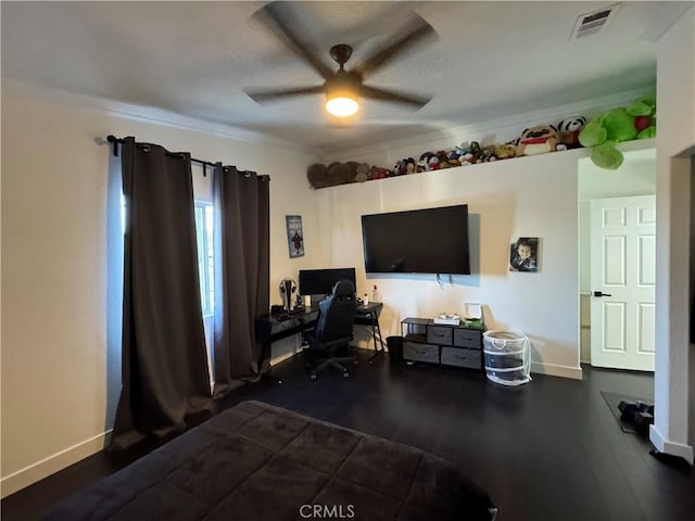 9135 Cord Ave, Downey, CA 90240 - home office featuring ornamental molding, a ceiling fan, and wood finished floors