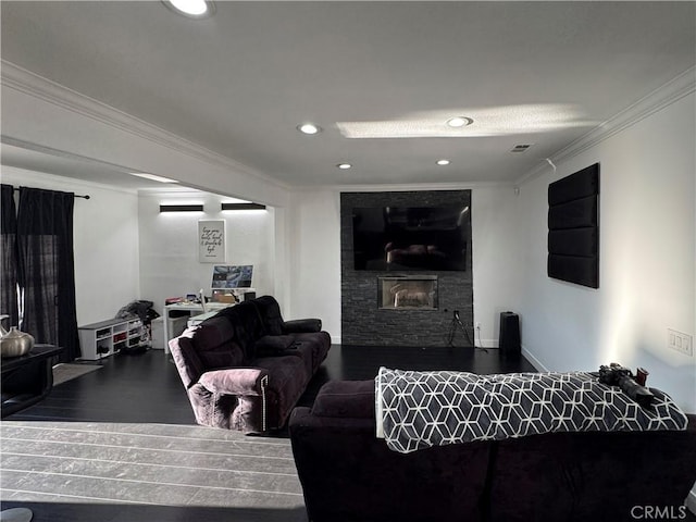 9135 Cord Ave, Downey, CA 90240 - living area with crown molding, a fireplace, recessed lighting, and wood finished floors