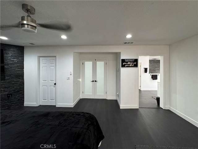 9135 Cord Ave, Downey, CA 90240 - bedroom with french doors, dark wood finished floors, recessed lighting, a ceiling fan, and a textured ceiling