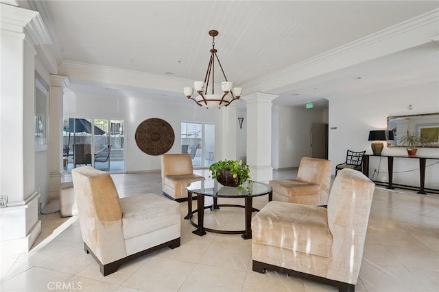 9610 Zelzah Ave Unit 105, Northridge, CA 91325 - living area with ornate columns, ornamental molding, light tile patterned floors, and a chandelier
