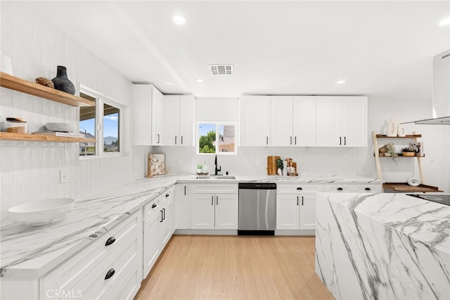 8252 Graves Ave, Rosemead, CA 91770 - kitchen with dishwasher, backsplash, white cabinets, light wood finished floors, and open shelves