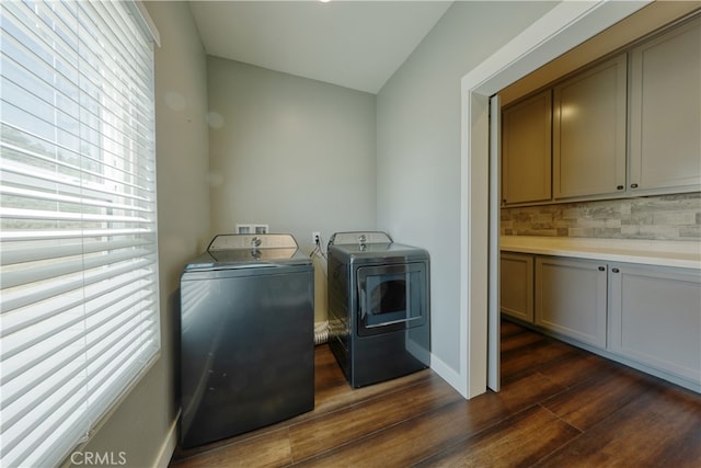 25904 Bear Valley Rd, Tehachapi, CA 93561 - laundry room with separate washer and dryer, dark wood finished floors, and cabinet space