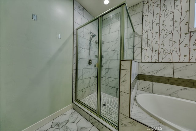 25904 Bear Valley Rd, Tehachapi, CA 93561 - bathroom with a bath, marble finish flooring, and a stall shower