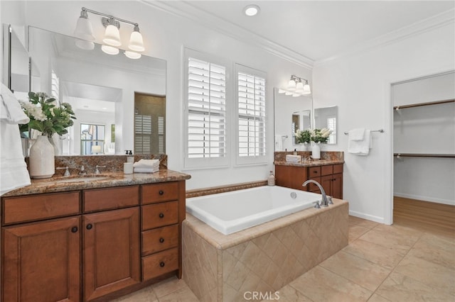26 Los Indios, Irvine, CA 92618 - full bath with crown molding, vanity, a bath, tile patterned floors, and tiled shower